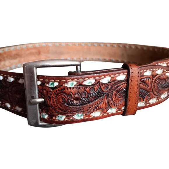 32 Vintage Men's Belt Leather Western Cowboy "Gary" Monogram USA 1970's Hippy - Picture 1 of 7